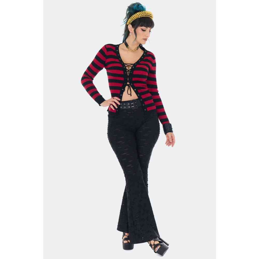 Jawbreaker - Striped Red Lace Up Eyelet Cardigan - Rood/Zwart